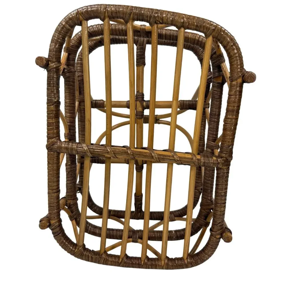 Vintage 80s Bent Wood Bamboo Wine Basket Holder Rustic Boho Farmhouse 18”